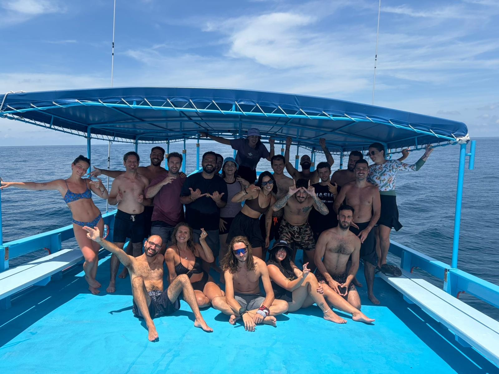 A big group of Carabao divers from around the world together on the dive boat, Koh Tao