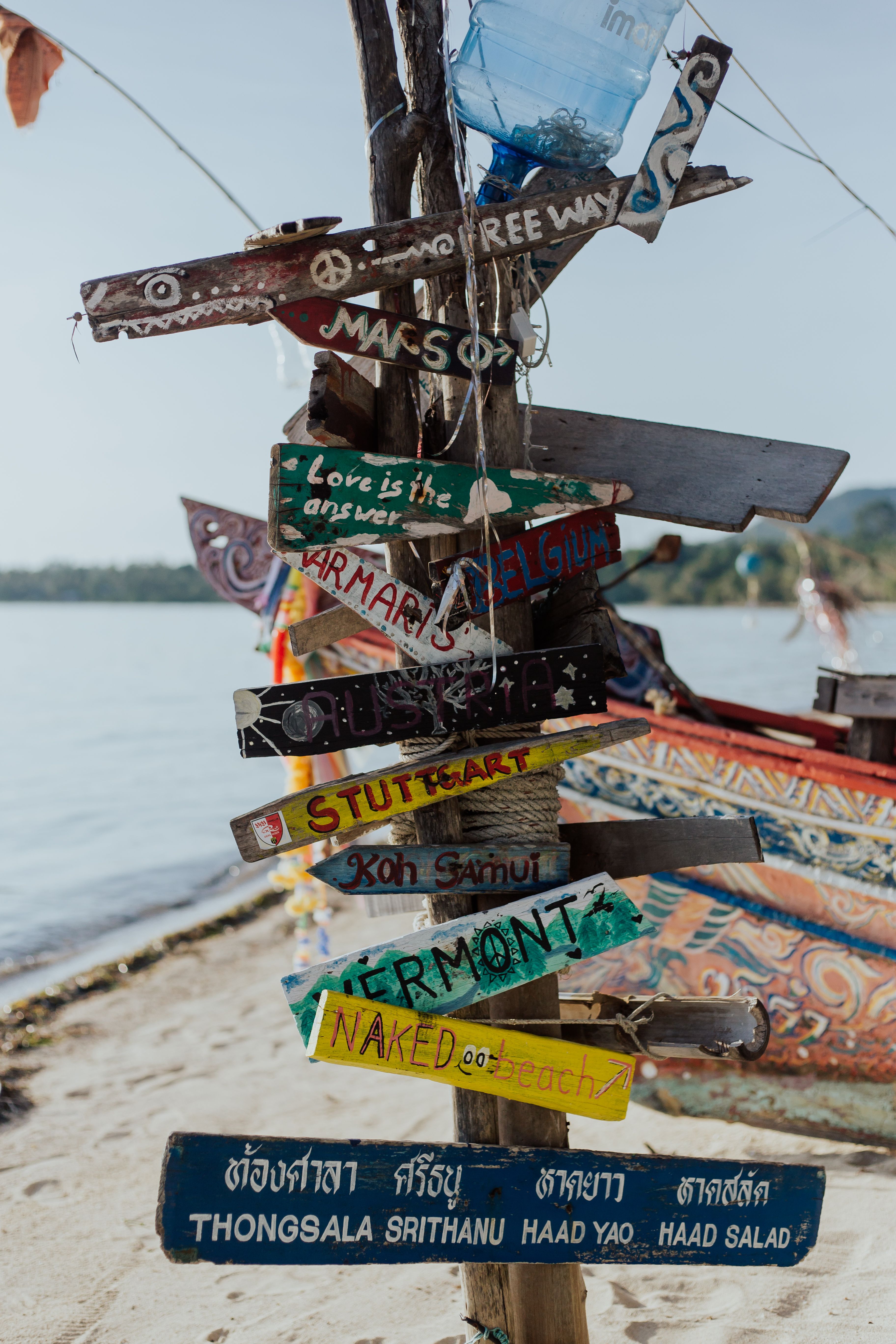 Hand-painted beach signpost pointing to divers' home countries beside a longtail boat on Koh Tao
