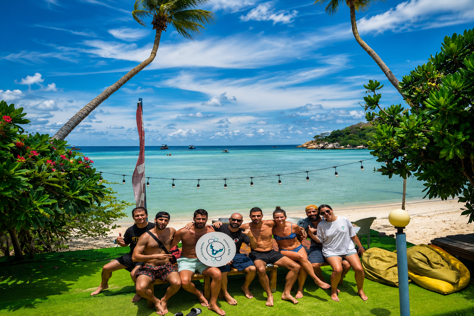 The Carabao Diving crew and guests together on the beach at Chalok Bay, Koh Tao