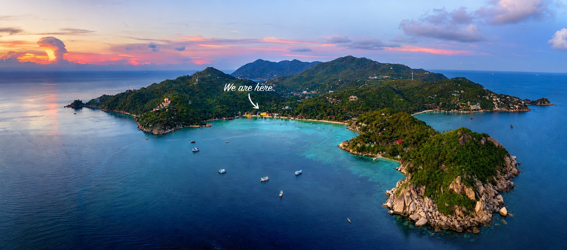 Aerial sunset view of Koh Tao with Carabao Diving Resort marked on Chalok Bay