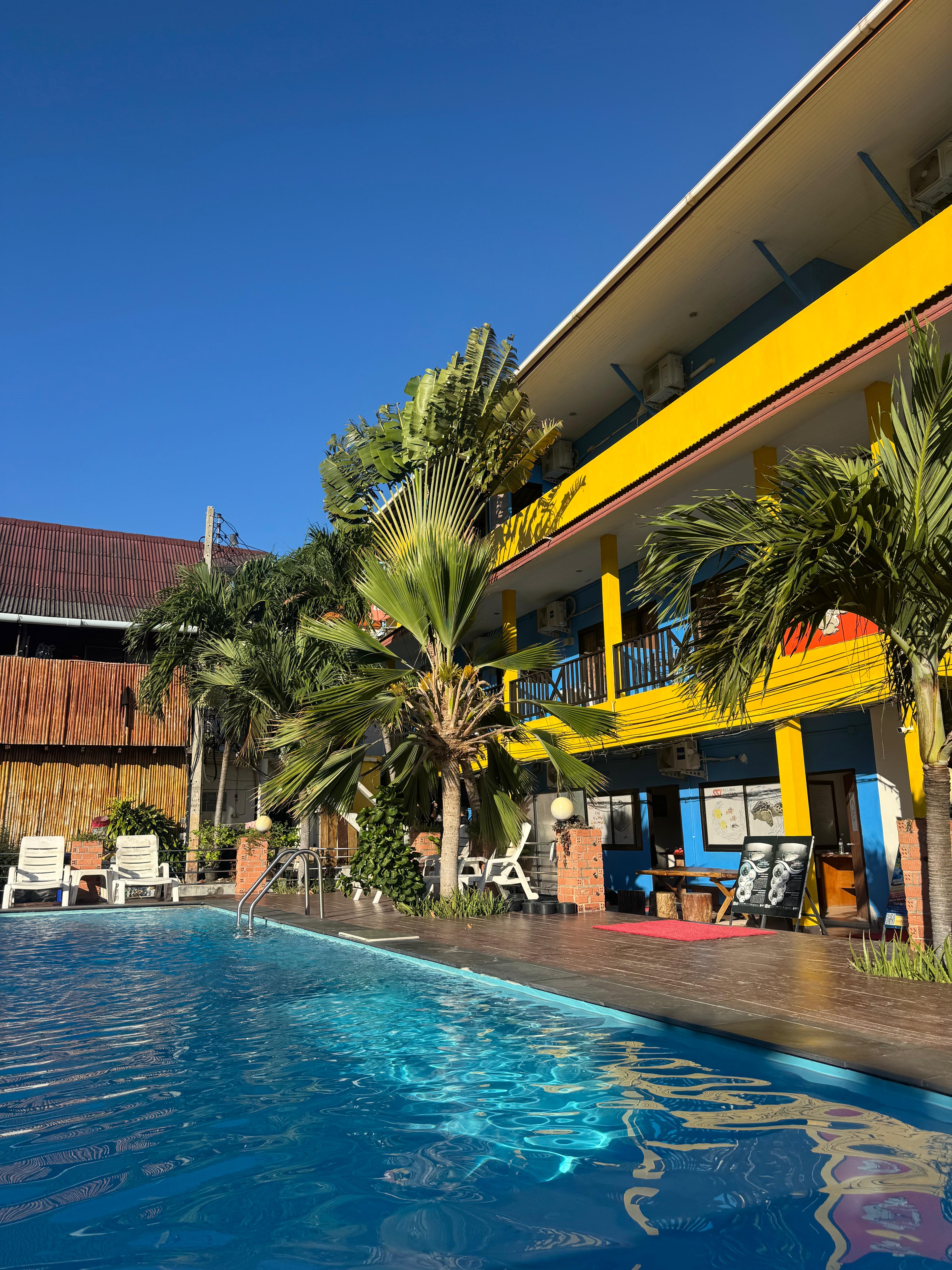 Beachfront pool and rooms at Carabao Diving Resort, Chalok Bay, Koh Tao