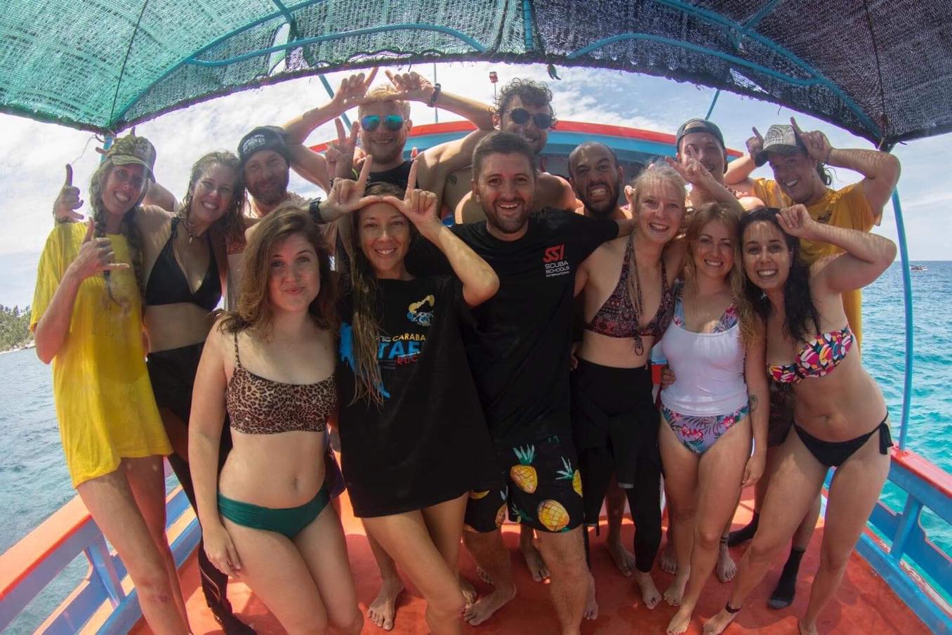 The Carabao Diving team together on the dive boat, Koh Tao